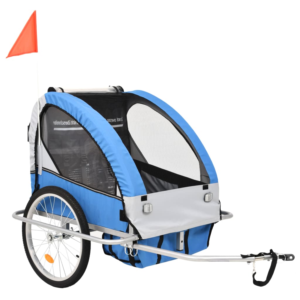 Rimorchio da Bici per Bambini e Passeggino 2 in 1 Blu e Grigio