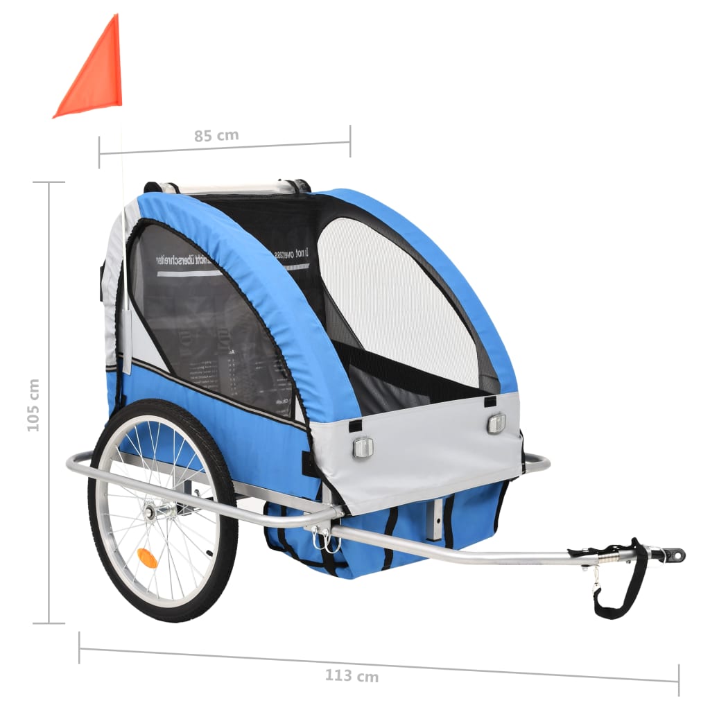 Rimorchio da Bici per Bambini e Passeggino 2 in 1 Blu e Grigio