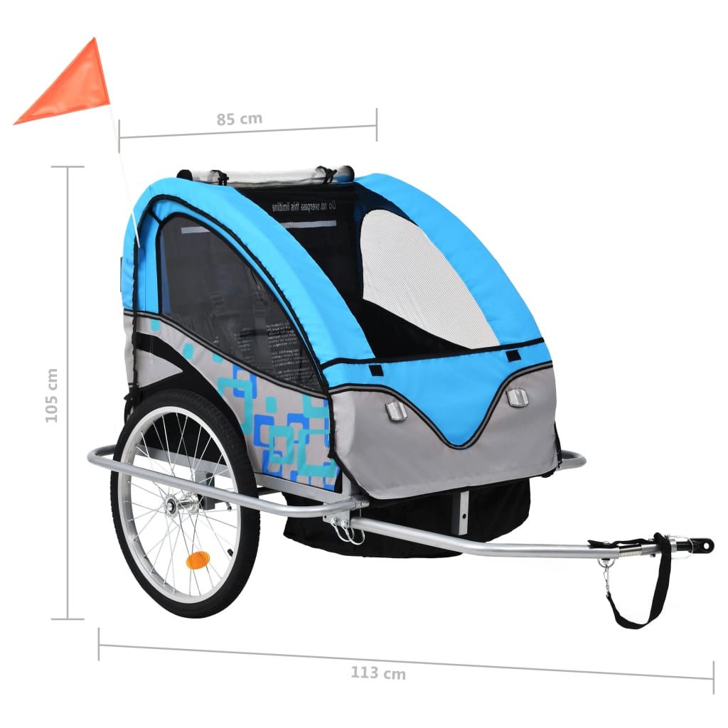 Rimorchio da Bici per Bambini e Passeggino 2 in 1 Blu e Grigio 91377