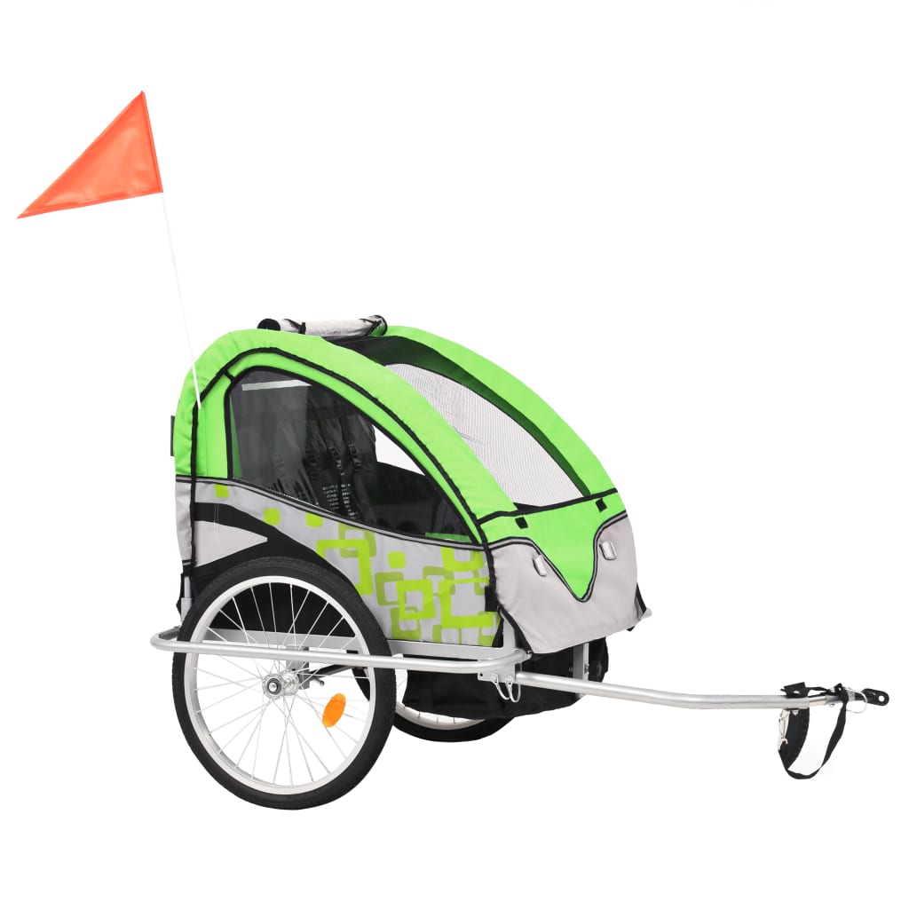 Rimorchio Bici per Bambini e Passeggino 2 in 1 Verde e Grigio