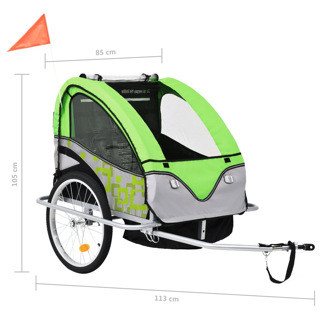 Rimorchio Bici per Bambini e Passeggino 2 in 1 Verde e Grigio