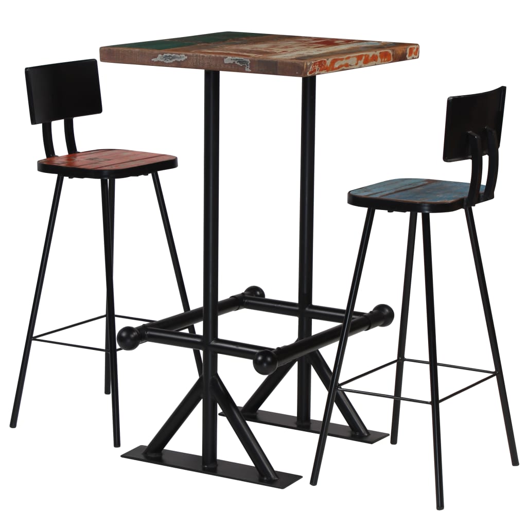 Set da Bar 3 pz in Legno Massello di Recupero Multicolore 245398