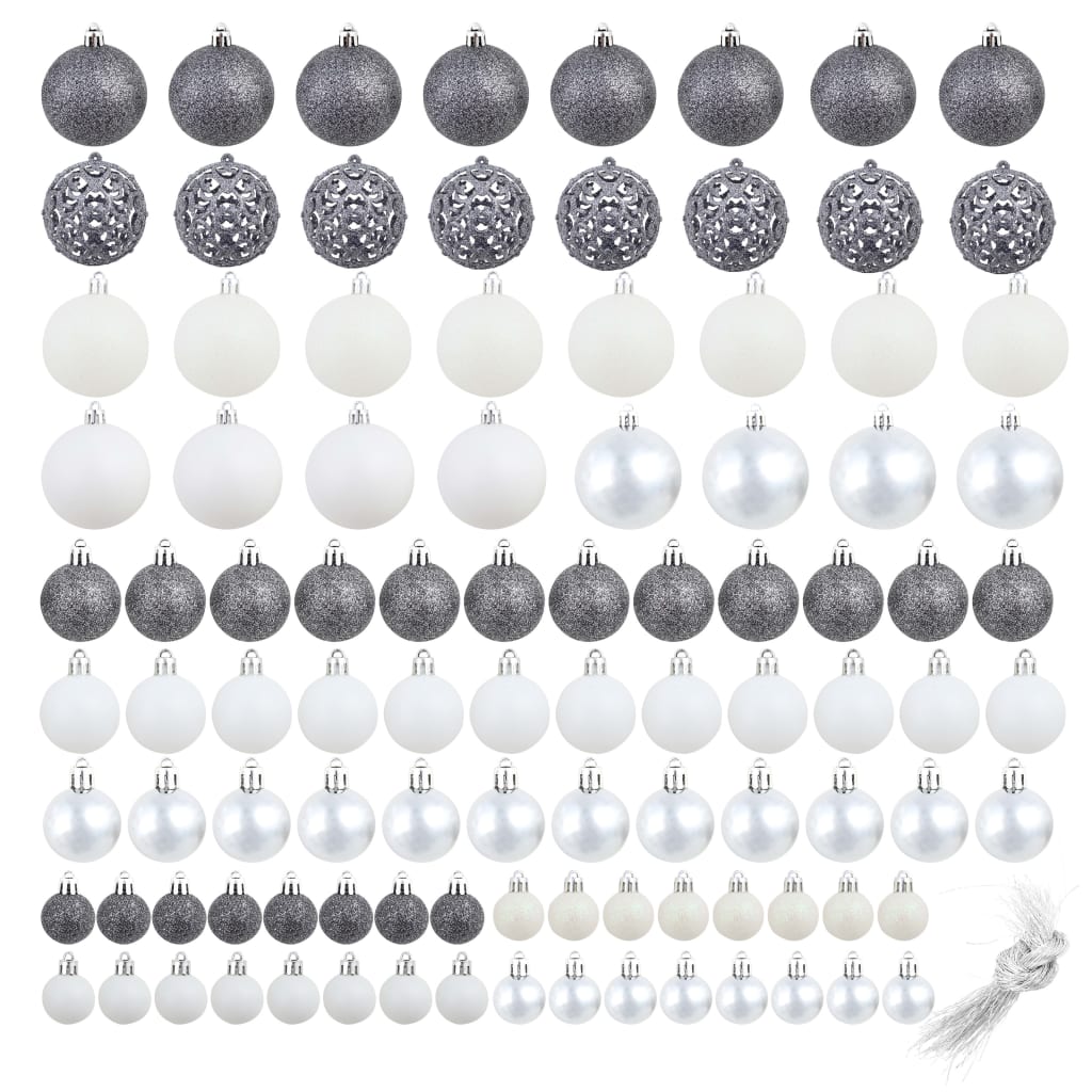 Set Palline di Natale 100 pz 3/4/6 cm Bianco/Grigio 245717