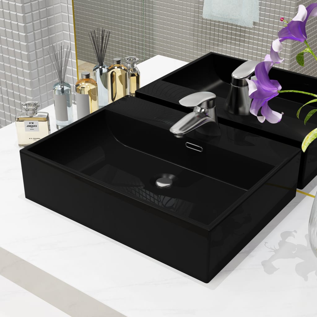 Lavandino con Foro Rubinetto in Ceramica Nero 51,5x38,5x15 cm cod mxl 49683