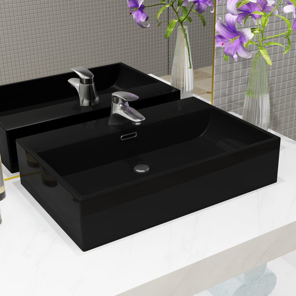 Lavandino con Foro Rubinetto in Ceramica Nero 76x42,5x14,5 cm