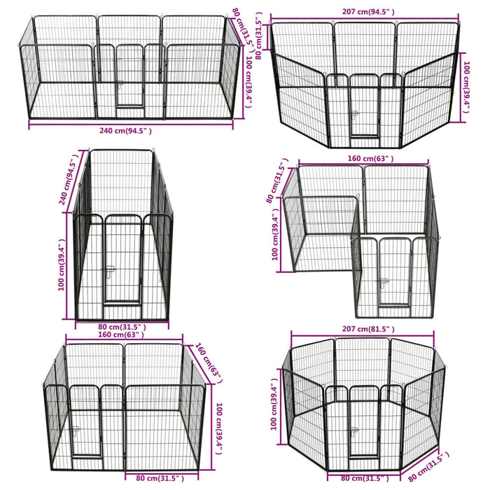 Box per Cani con 8 Pannelli in Acciaio 80x100 cm Nero