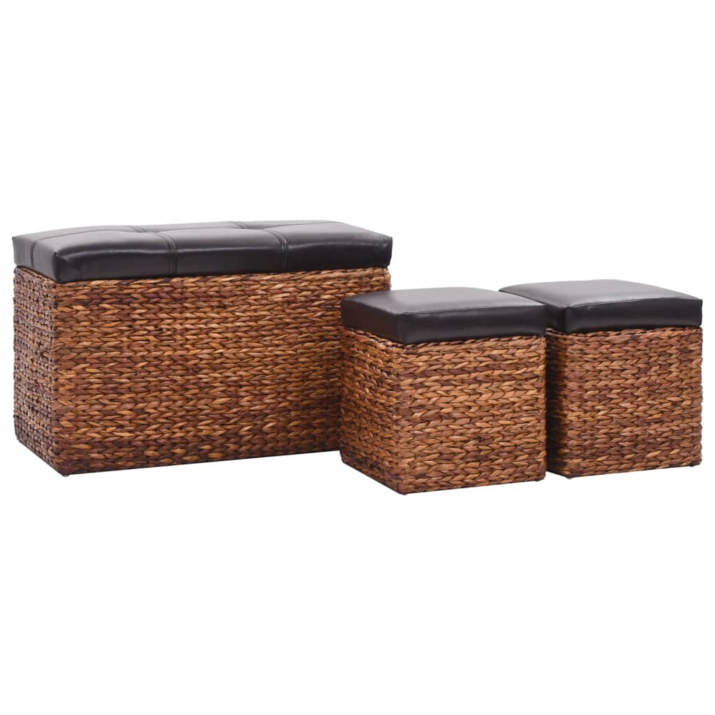 Panca e 2 Pouf in Giunco Marrone e Nero 246106