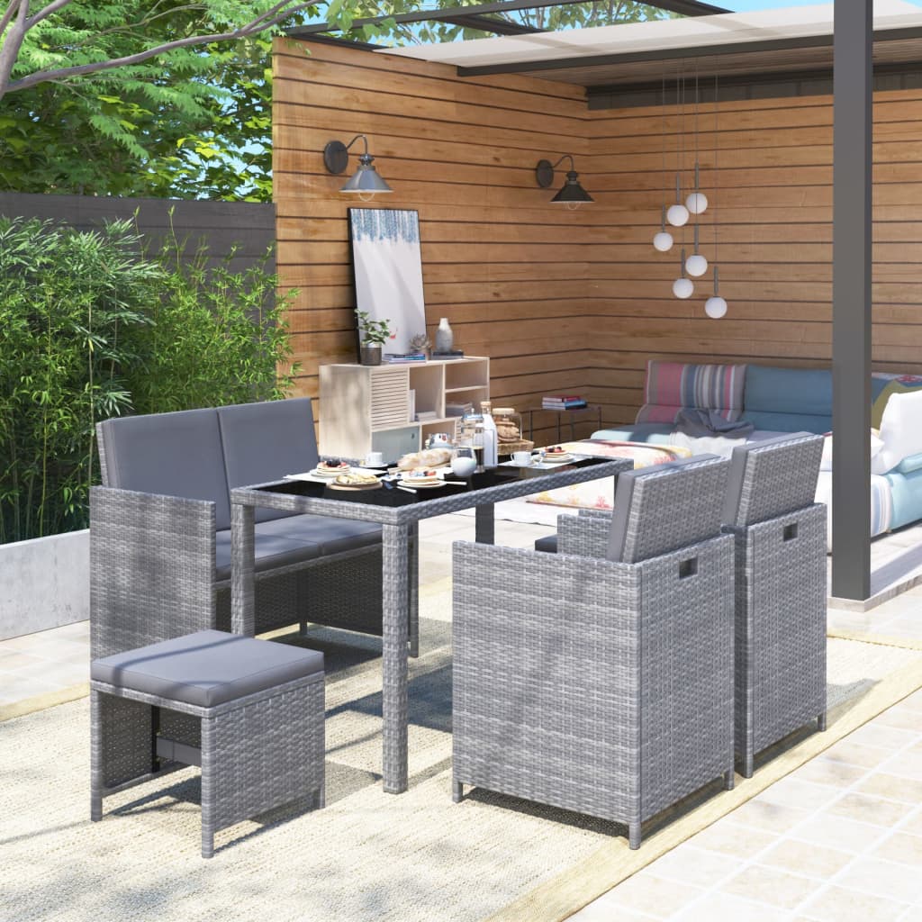 Set da Pranzo da Giardino 6 pz con Cuscini in Polyrattan Grigio cod mxl 43318