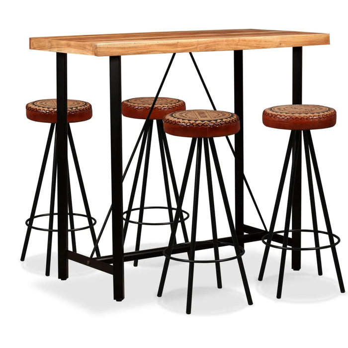 Set da Bar 5 pz in Legno Massello Acacia in Vera Pelle e Tela 275132