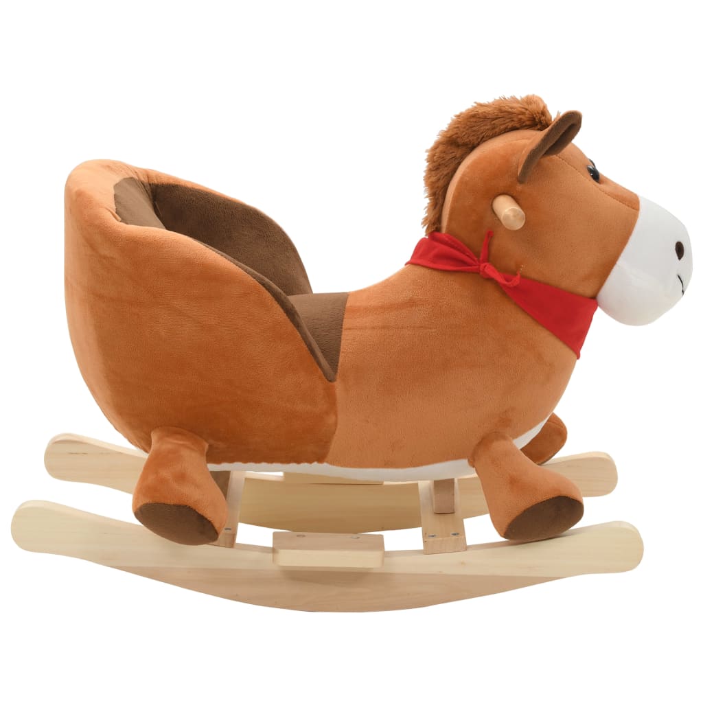 Cavallo a Dondolo con Schienale in Peluche 60x32x50cm Marrone