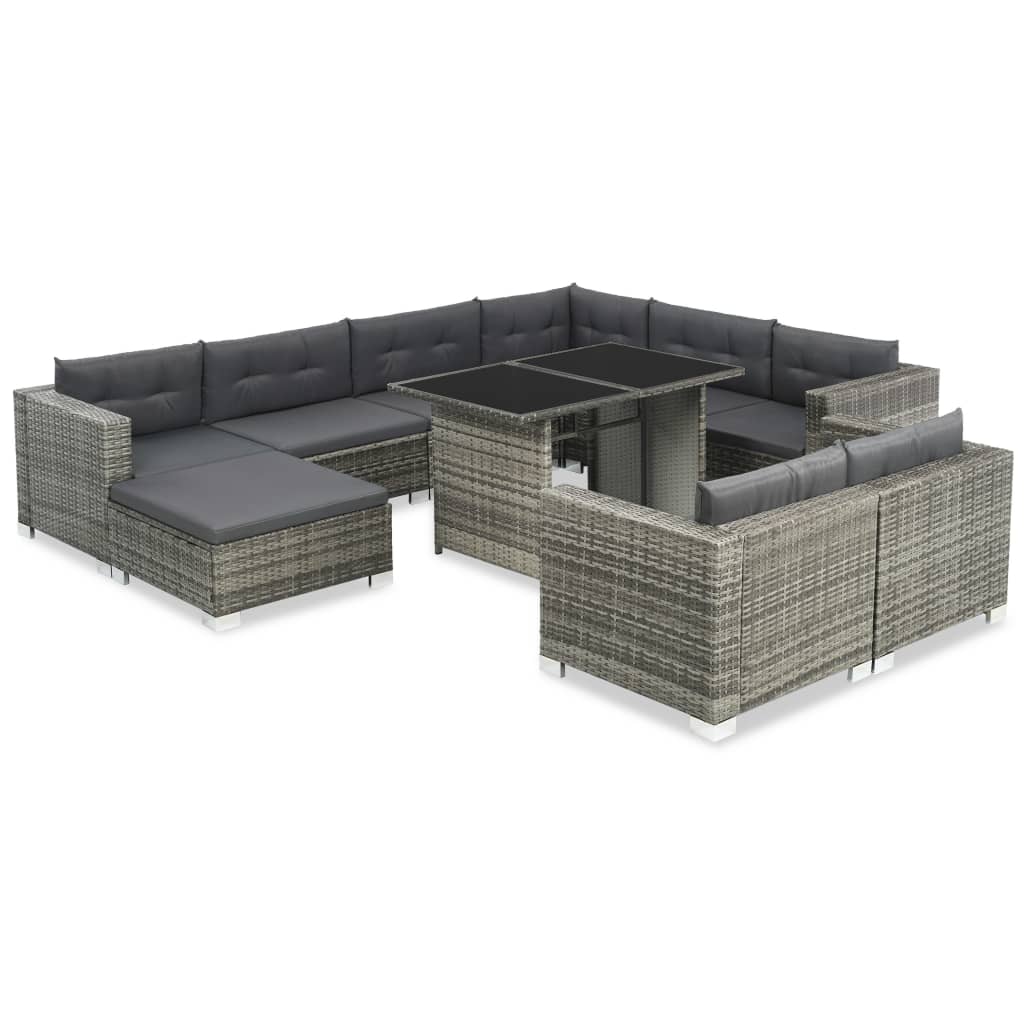 Set Divani da Giardino 10 pz con Cuscini in Polyrattan Grigio 44426