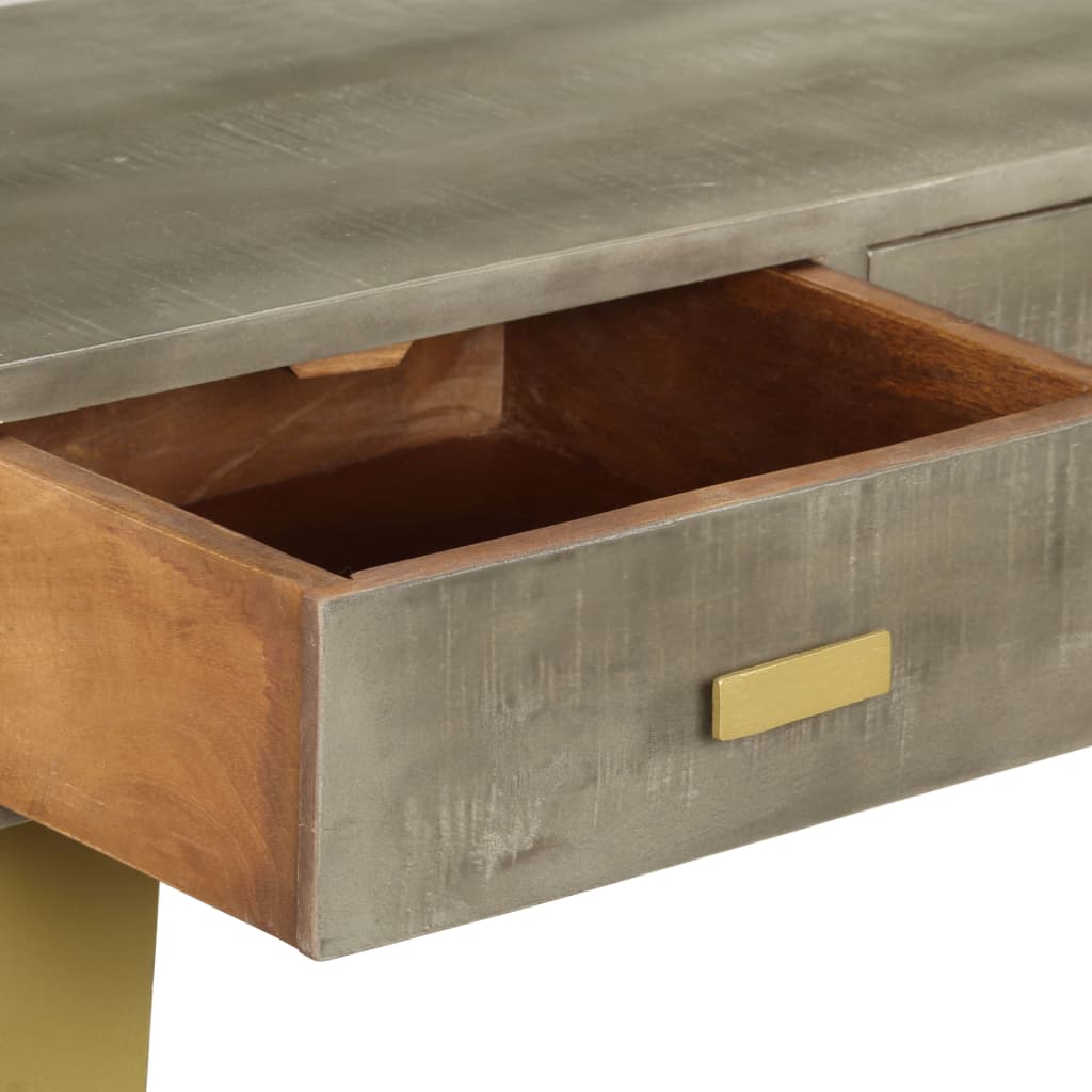 Tavolo Consolle Massello di Mango Grigio e Ottone 110x35x76 cm