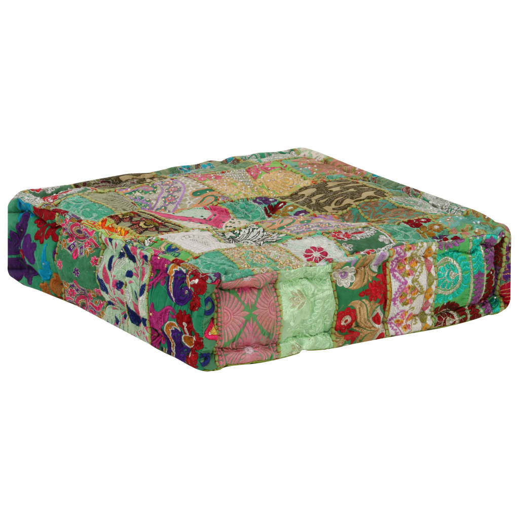 Pouf Patchwork in Cotone Fatto a Mano Quadrato 50x50x12cm Verde 246576