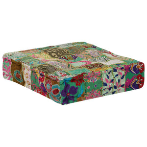 Pouf Patchwork in Cotone Fatto a Mano Quadrato 50x50x12cm Verde 246576