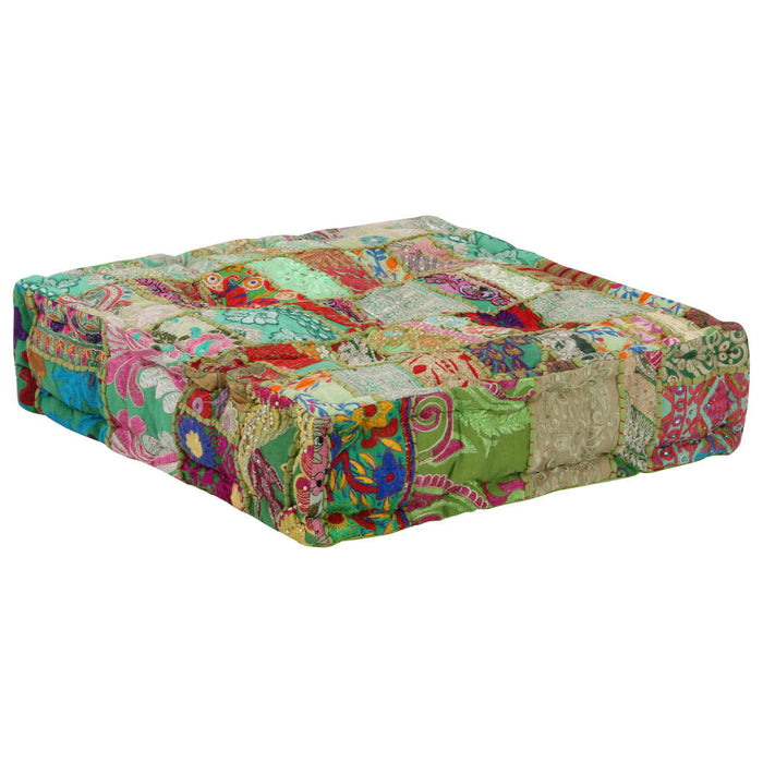 Pouf Patchwork in Cotone Fatto a Mano Quadrato 50x50x12cm Verde 246576