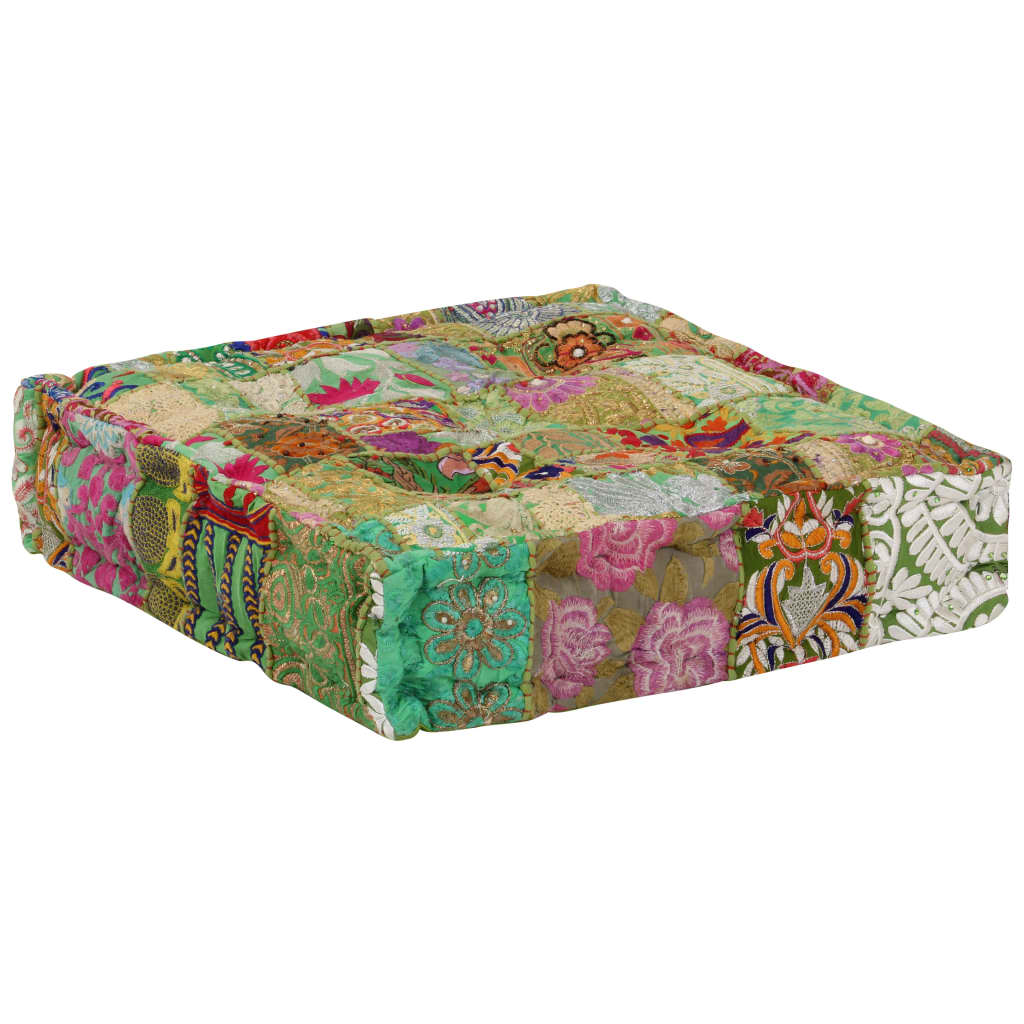 Pouf Patchwork in Cotone Fatto a Mano Quadrato 50x50x12cm Verde 246576