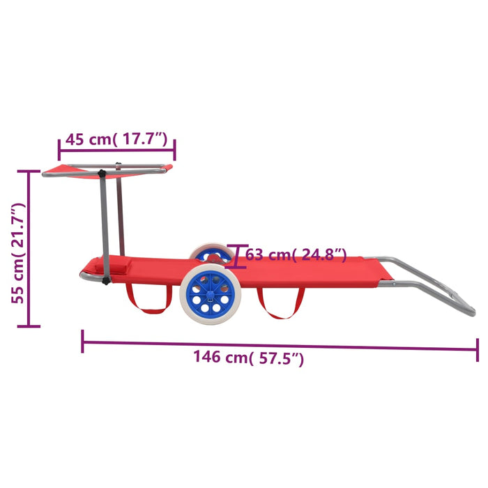 Lettino Prendisole Pieghevole Baldacchino e Ruote Acciaio Rosso 44324