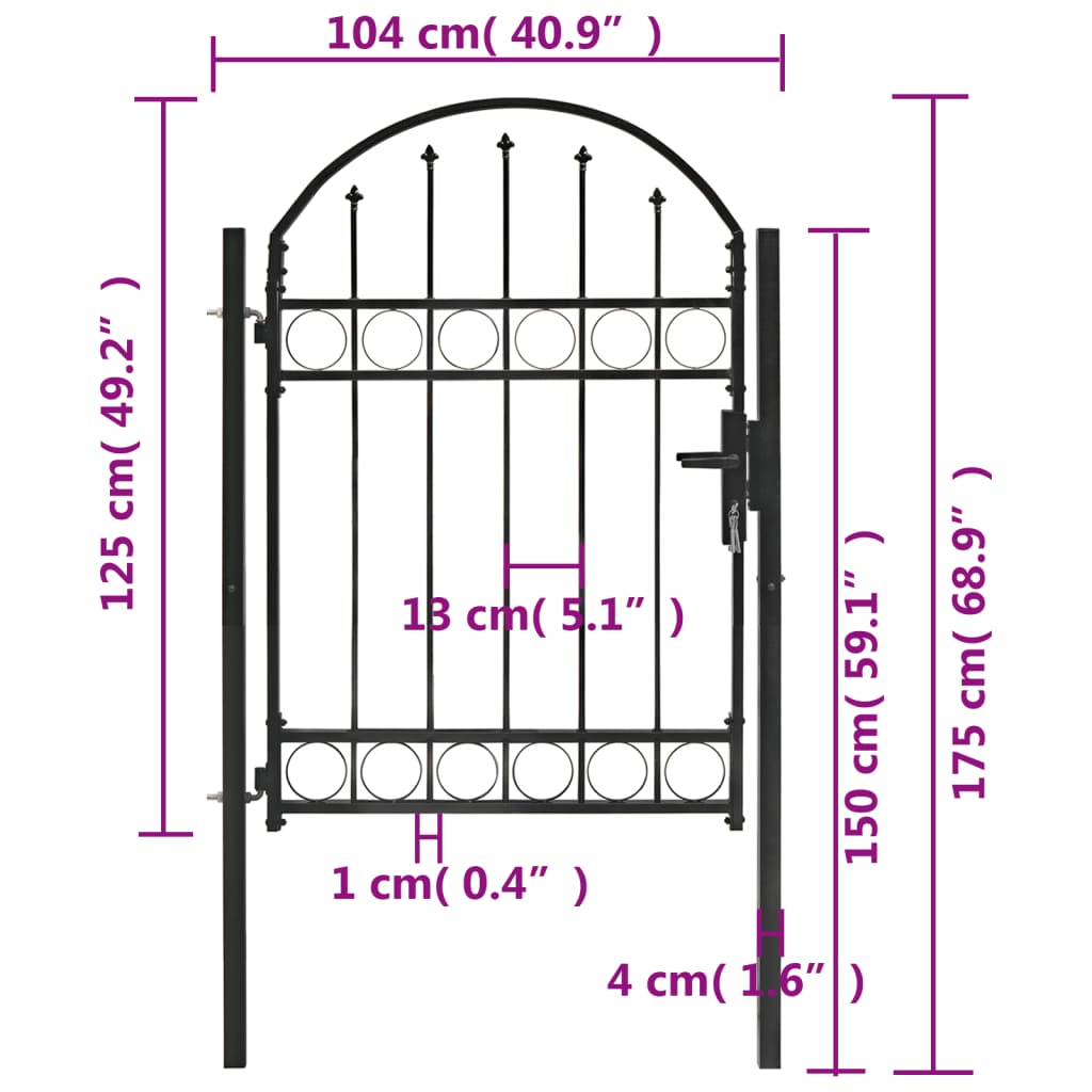 Cancello per Recinzione ad Arco in Acciaio 100x125 cm Nero 143085