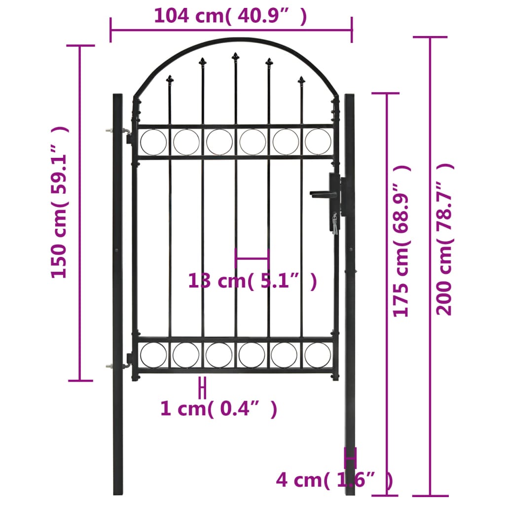 Cancello per Recinzione ad Arco in Acciaio 100x150 cm Nero 143086