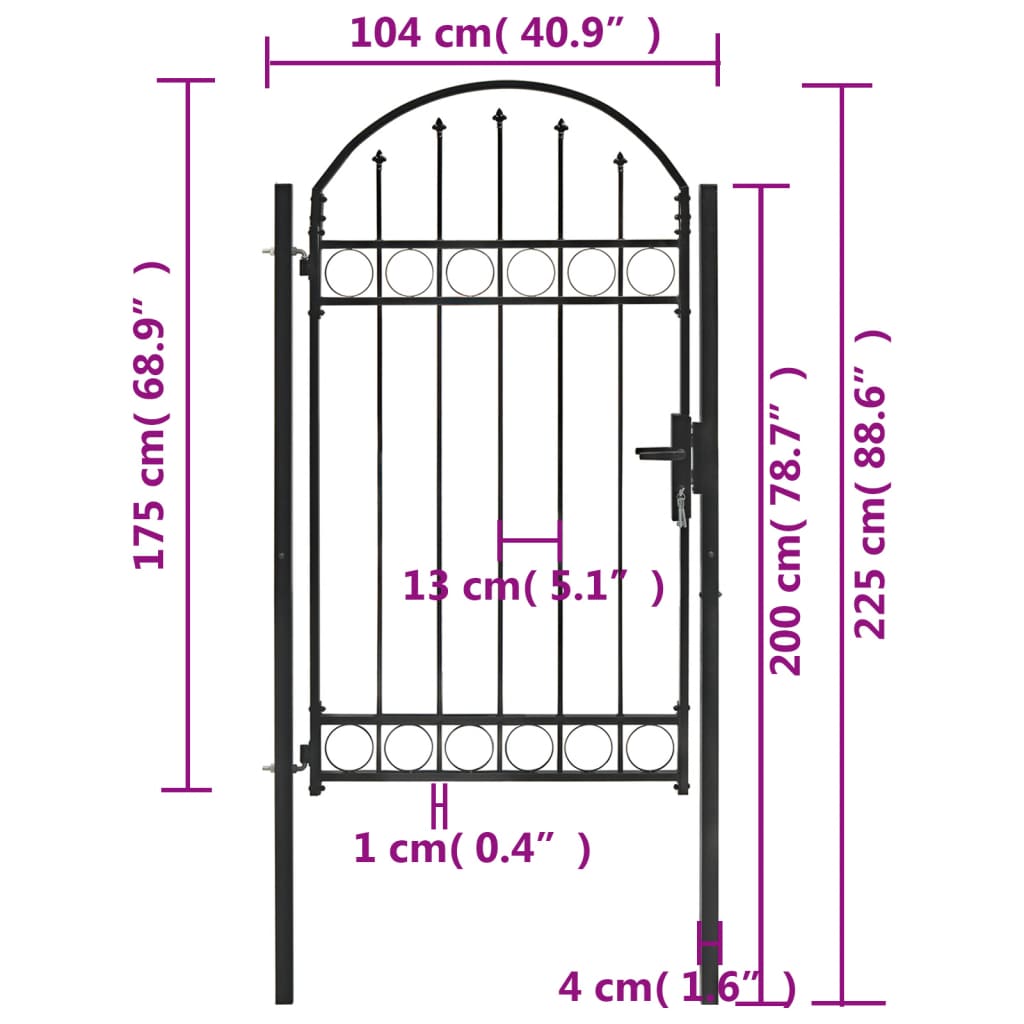 Cancello per Recinzione ad Arco in Acciaio 100x175 cm Nero 143087