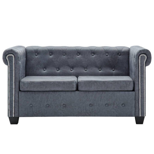 Divano Chesterfield a 2 Posti in Finta Pelle Scamosciata Grigia 247131