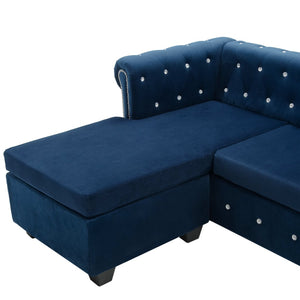 Divano Chesterfield a L in Velluto 199x142x72 cm Blu 247142