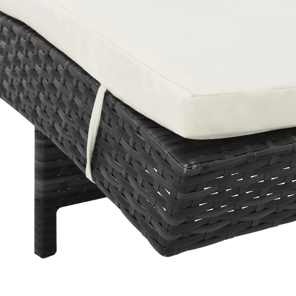 Lettino Prendisole con Ruote e Cuscino in Polyrattan Nero