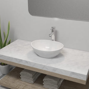 Lavello Bagno con Miscelatore in Ceramica Ovale Bianco 275497