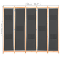 Divisorio a 5 Pannelli Grigio 200x170x4 cm in Tessuto 248177