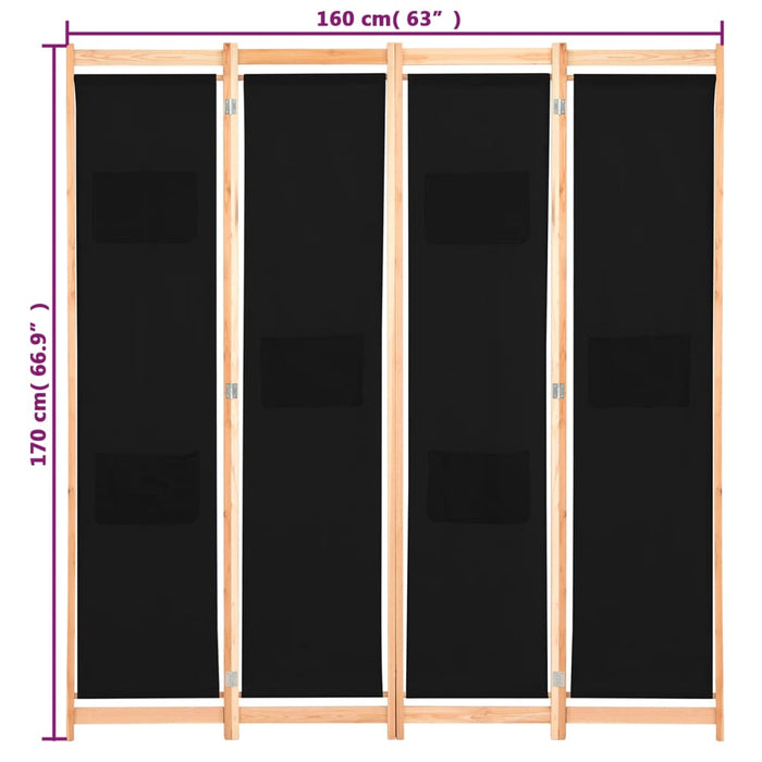 Divisorio a 4 Pannelli Nero 160x170x4 cm in Tessuto 248184