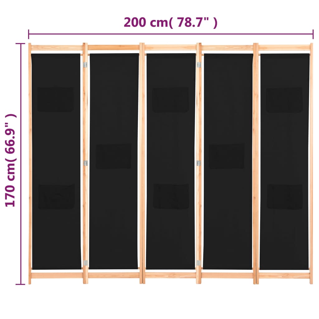 Divisorio a 5 Pannelli Nero 200x170x4 cm in Tessuto 248185