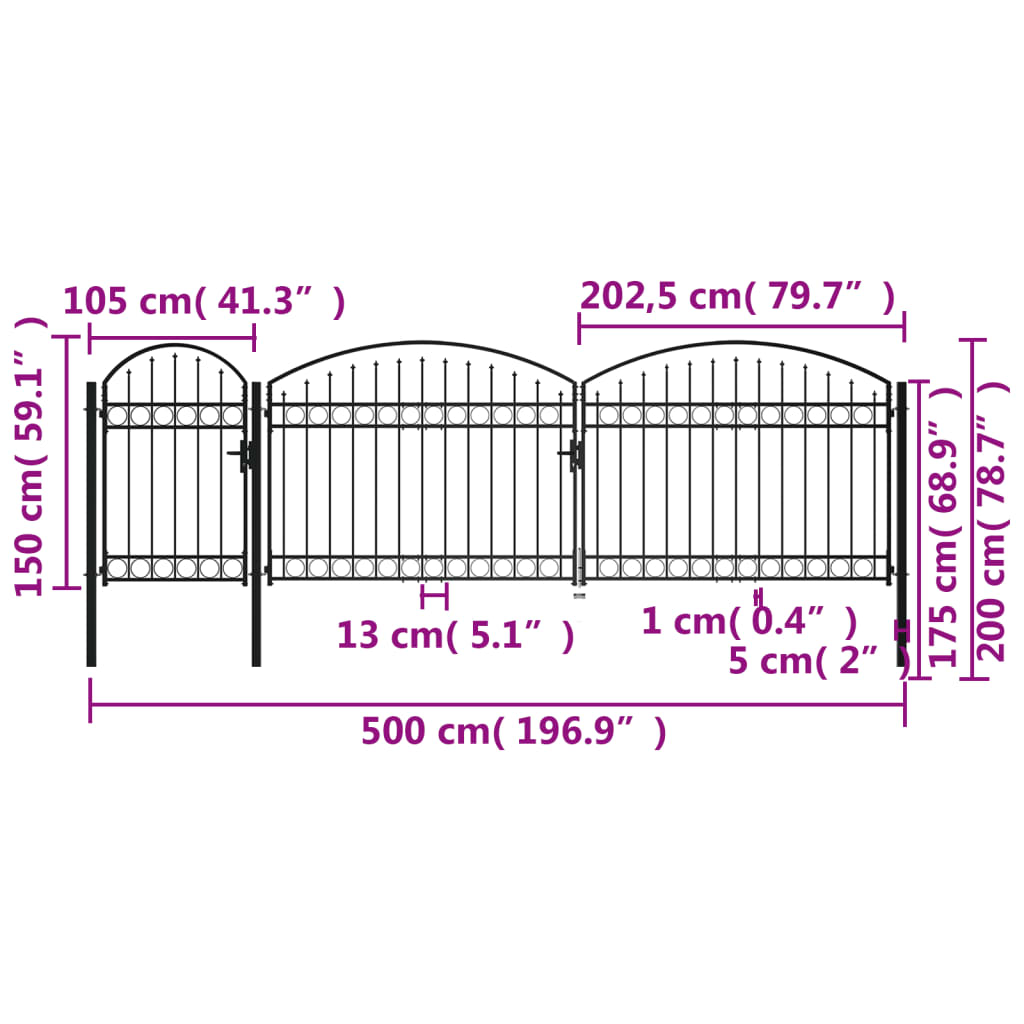 Cancello da Giardino ad Arco in Acciaio 2x5 m Nero cod mxl 40634