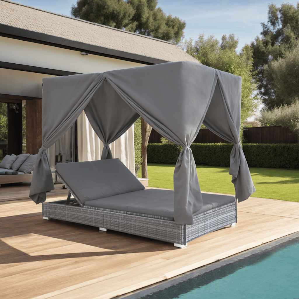 Lettino Prendisole con Tende in Polyrattan Grigio 45647