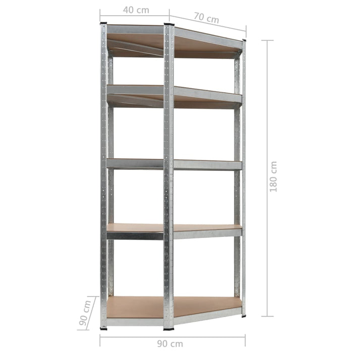 Scaffale Angolare 5 Ripiani Argento Acciaio e Legno Multistrato