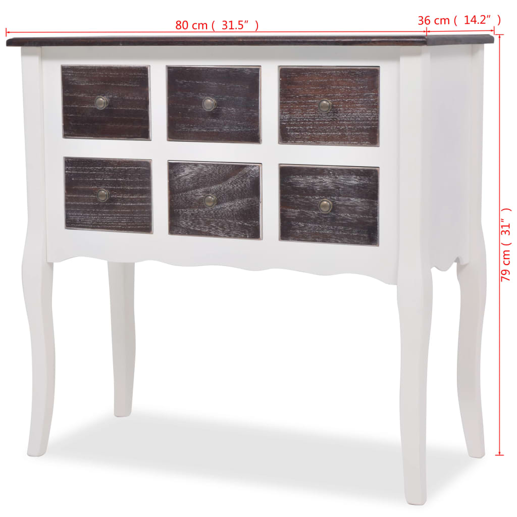 Tavolo Consolle con 6 Cassetti in Legno Bianco e Marrone 240402