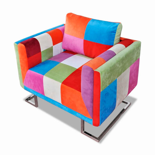 Poltrona a Cubo con Gambe Cromo e Design Patchwork in Tessuto 240895