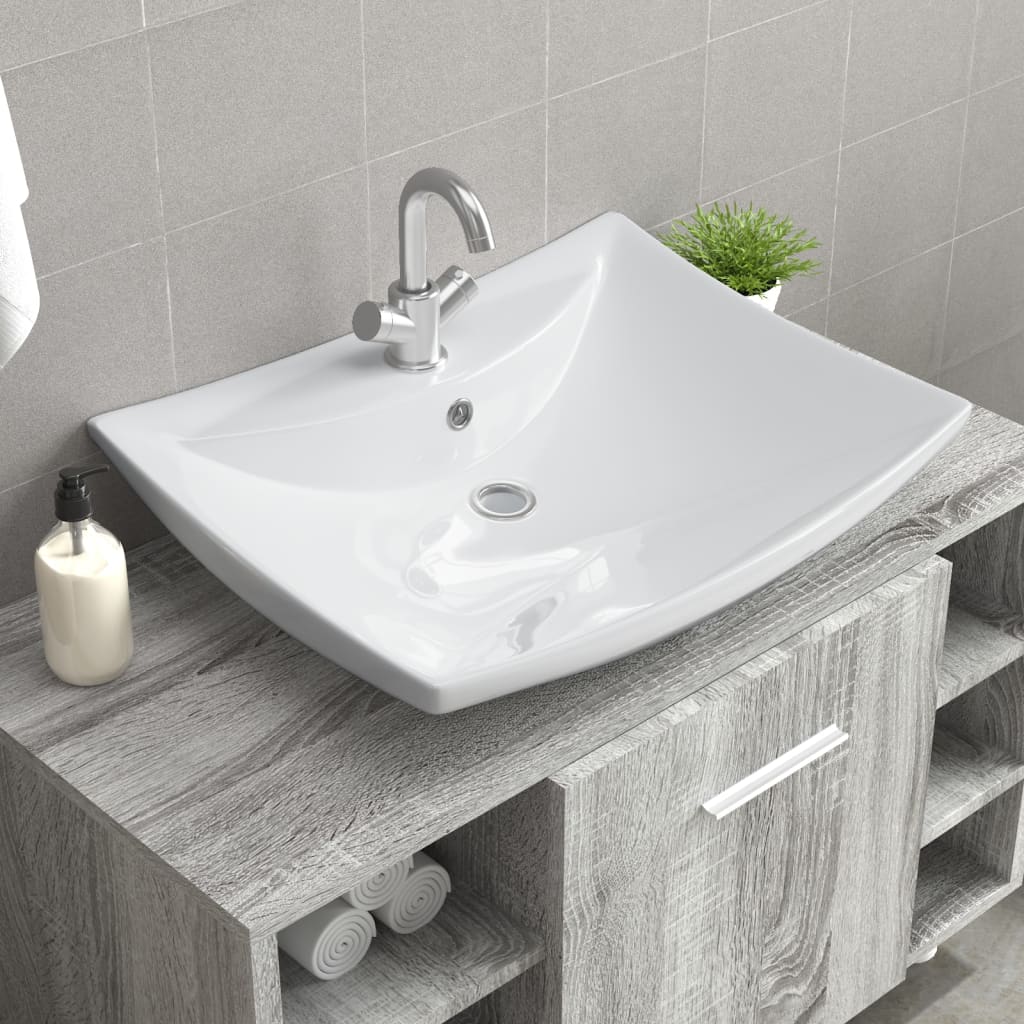 Lavabo Ceramica Lusso Rettangolare Foro di Trabocco e Foro Rubinetto 140688