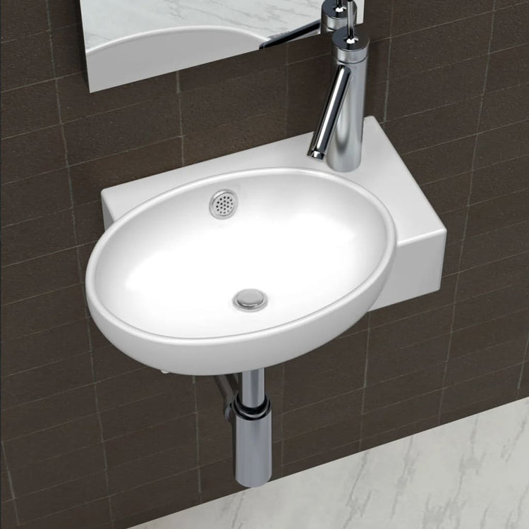 Lavello Ceramica con Foro Rubinetto e Troppo Pieno Bianco cod mxl 52783