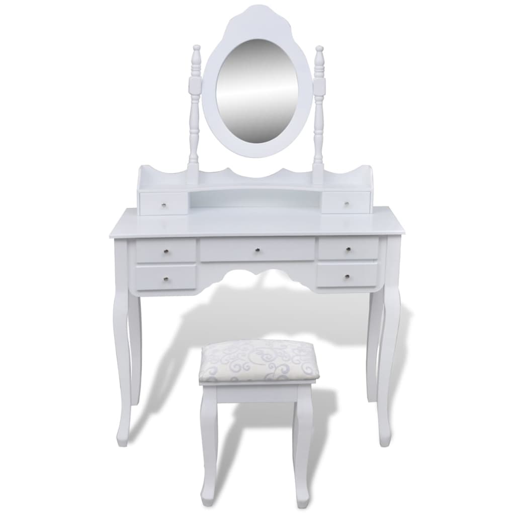 Tavolo da Trucco con Specchio e Sgabello 7 Cassetti Bianco   cod mxl 72758