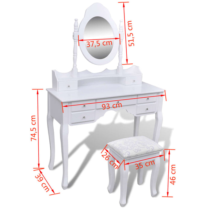 Tavolo da Trucco con Specchio e Sgabello 7 Cassetti Bianco   cod mxl 72758