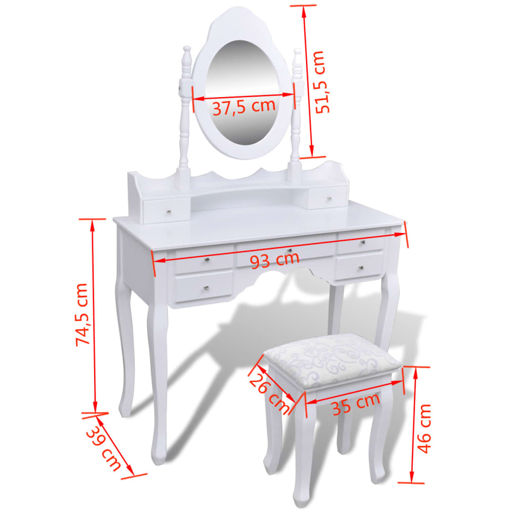 Tavolo da Trucco con Specchio e Sgabello 7 Cassetti Bianco