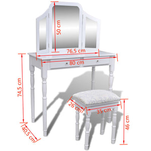 Toletta 3-in-1 con Specchio Sgabello e 2 Cassetti Bianca