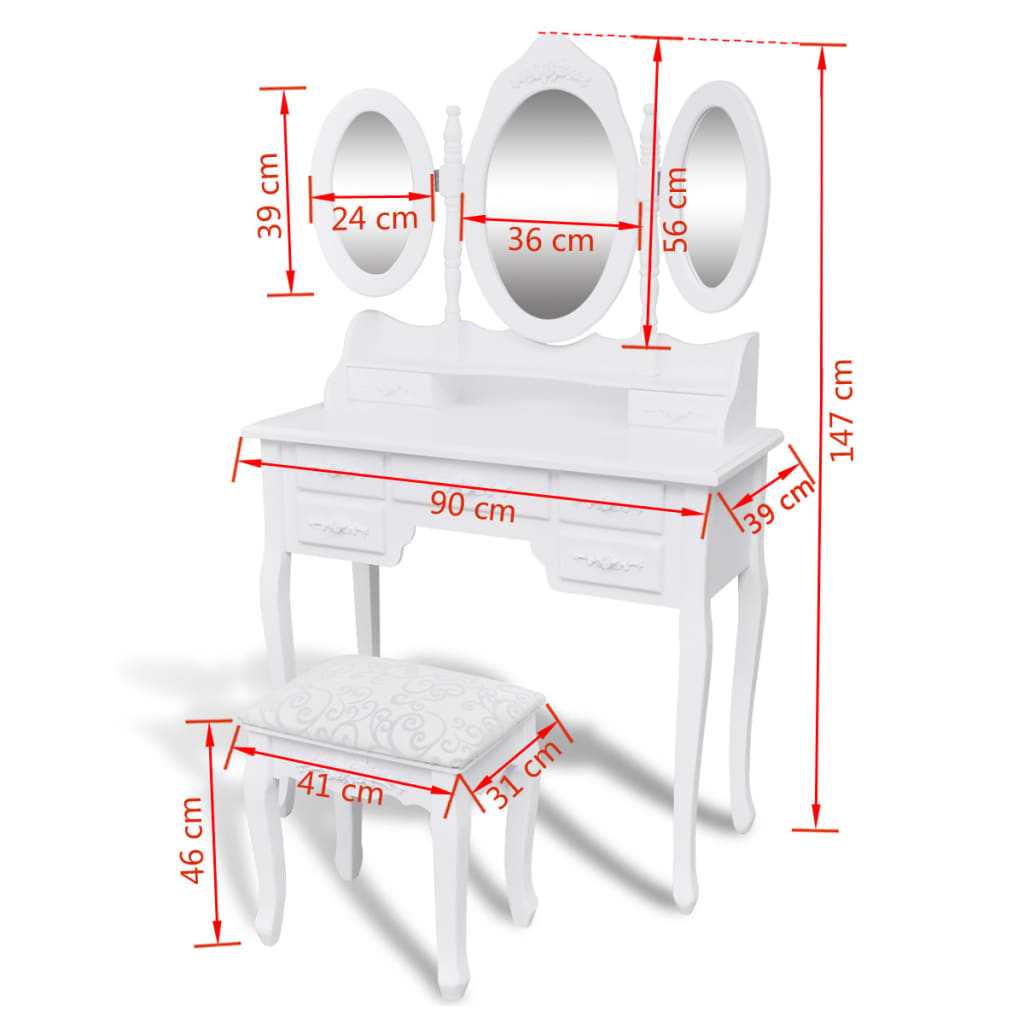 Tavolo da Trucco con Sgabello e 3 Specchi Bianco 241483