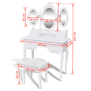 Tavolo da Trucco con Sgabello e 3 Specchi Bianco 241483