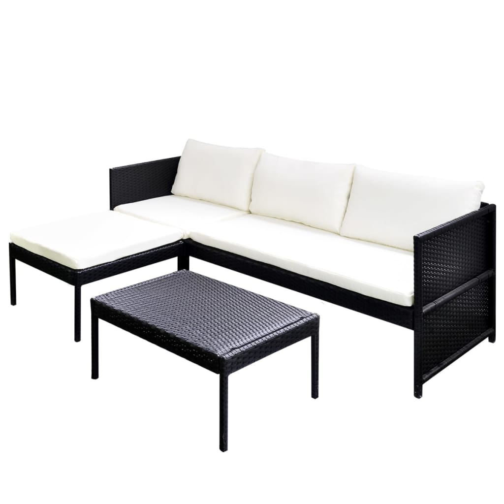 Set Salotto da Giardino 3pz con Cuscini in Polyrattan Nero 41388