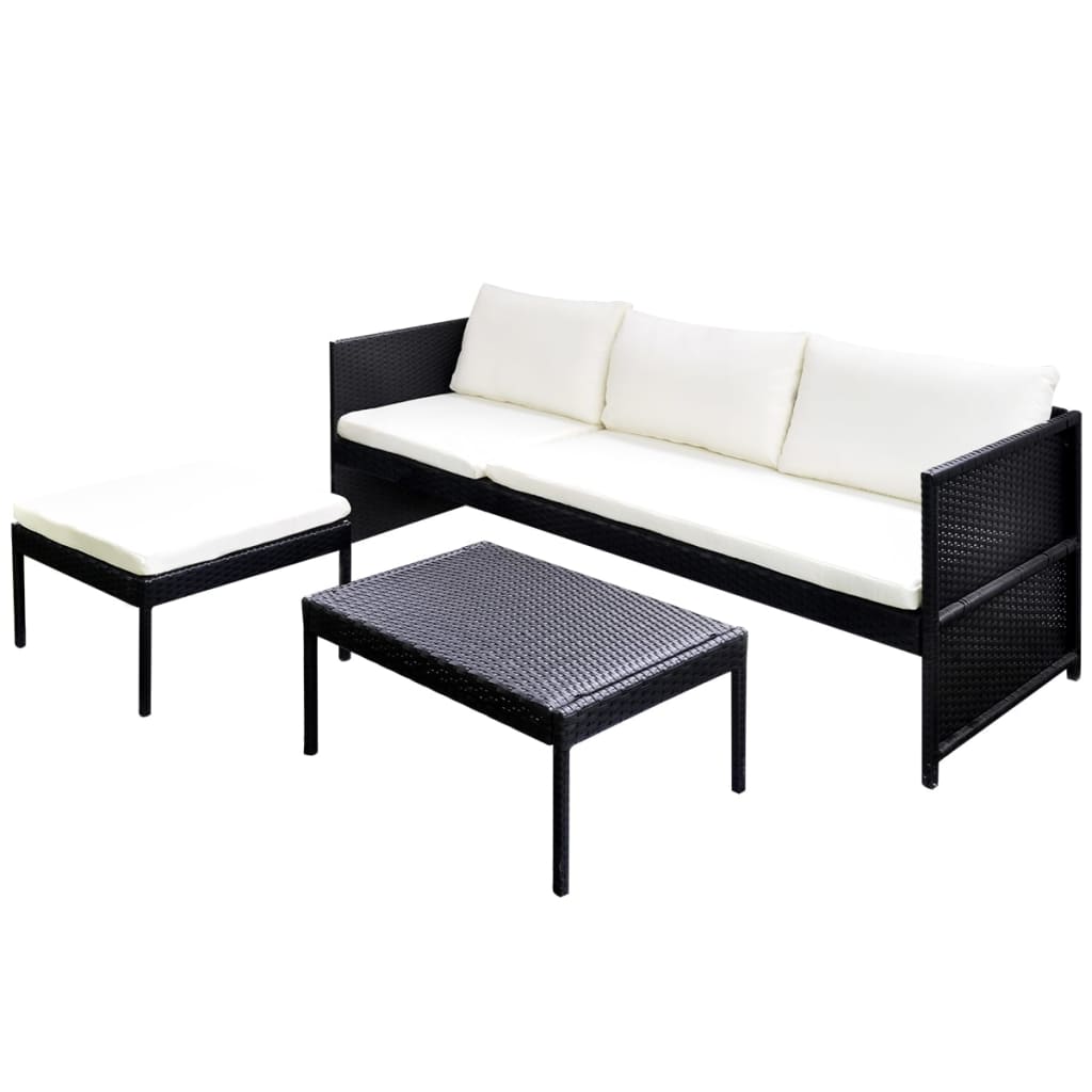 Set Salotto da Giardino 3pz con Cuscini in Polyrattan Nero 41388