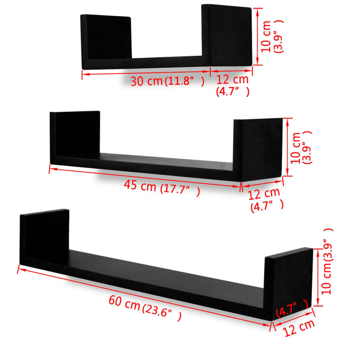 Mensole per Pareti Nere 3 pz Forma a U in MDF per Libri/DVD cod mxl 33696