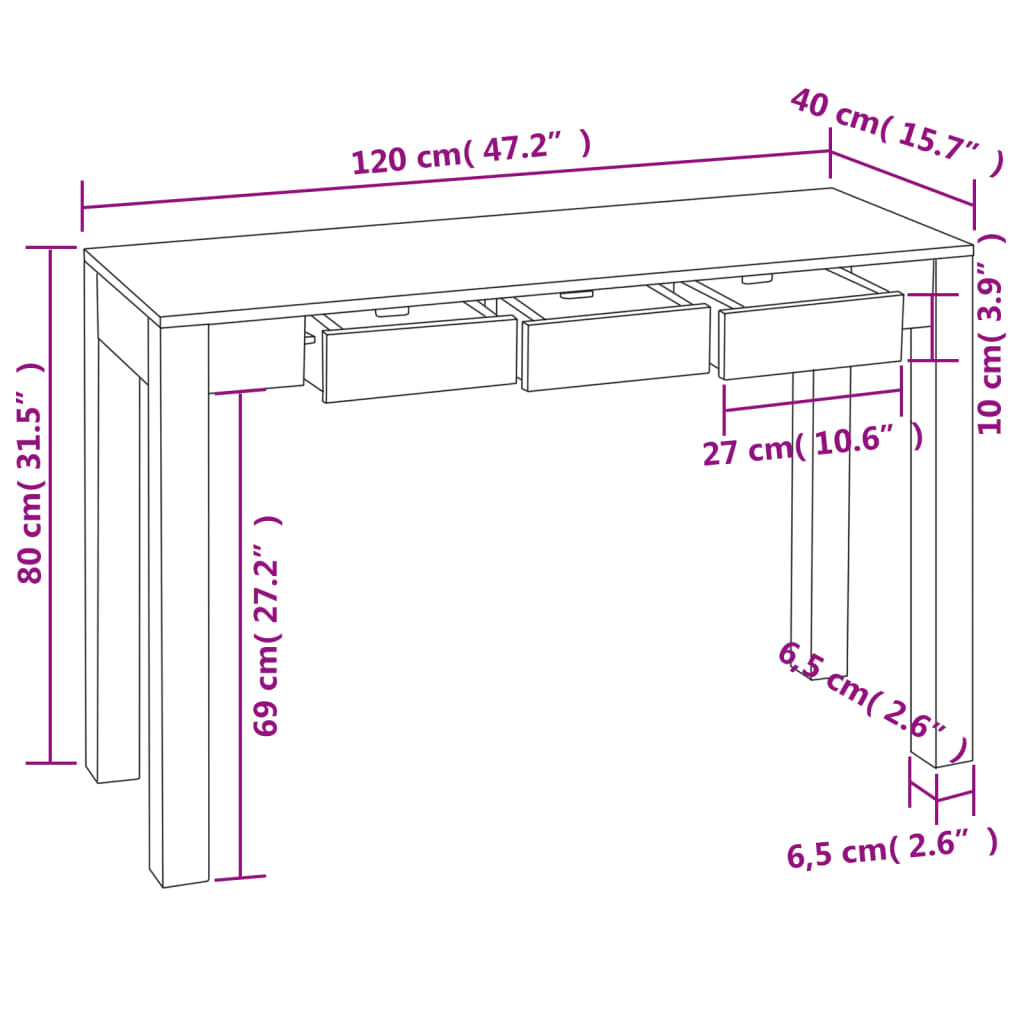 Tavolo Consolle con 3 Cassetti 80 cm Legno Massello di Sheesham 242441