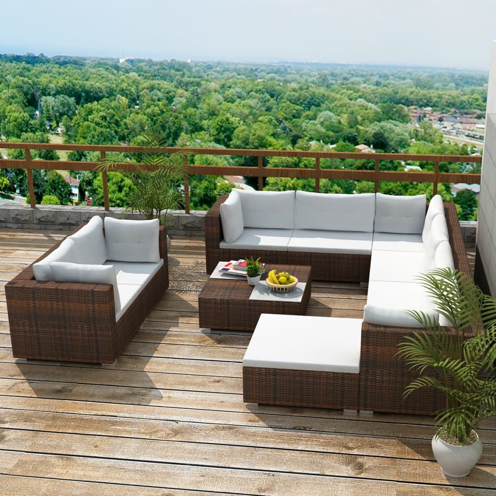 Set Divani da Giardino 10 pz con Cuscini in Polyrattan Marrone cod mxl 42262