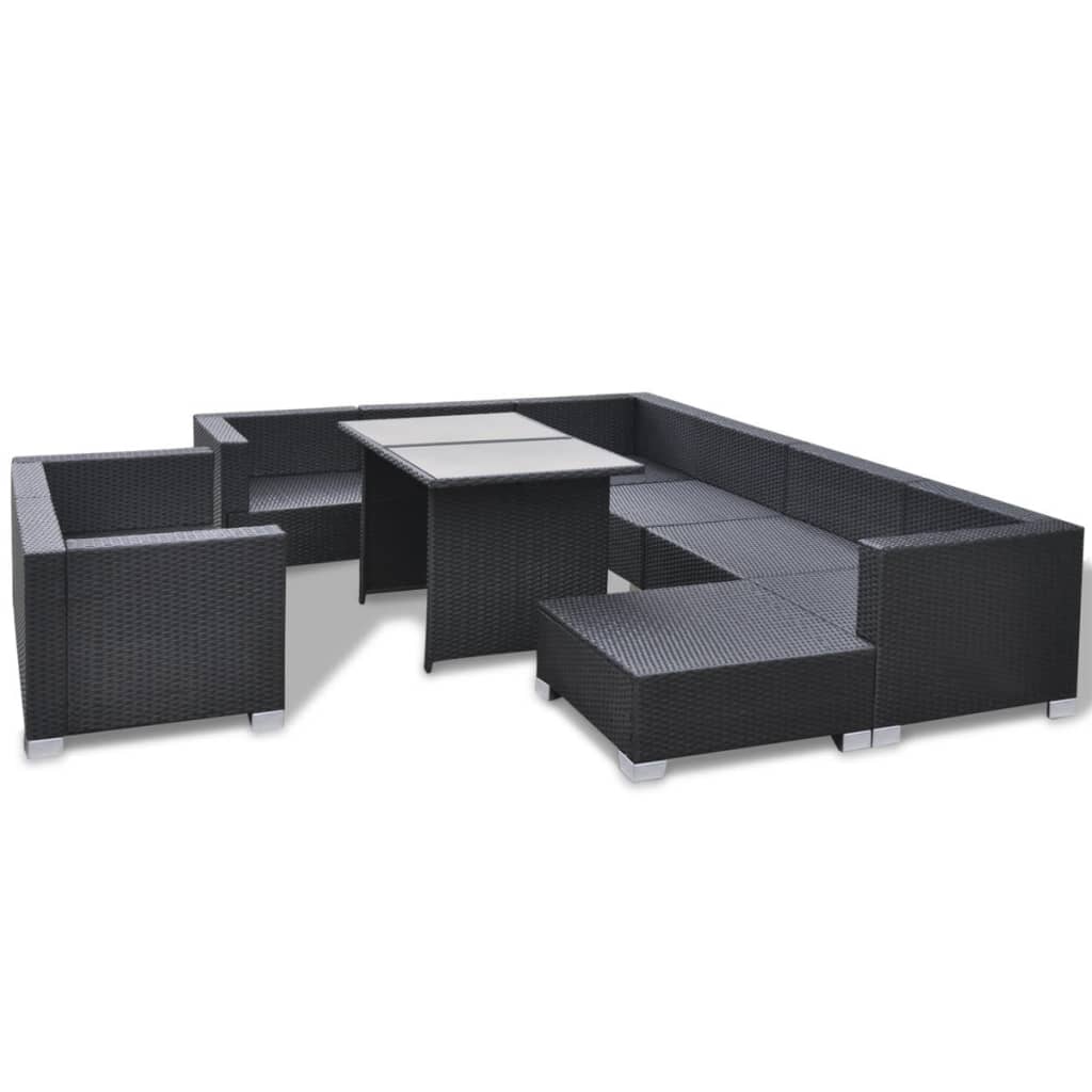 Set Divani da Giardino 10 pz con Cuscini in Polyrattan Nero